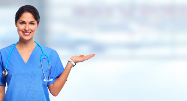 Medical doctor woman on abstract blue background.